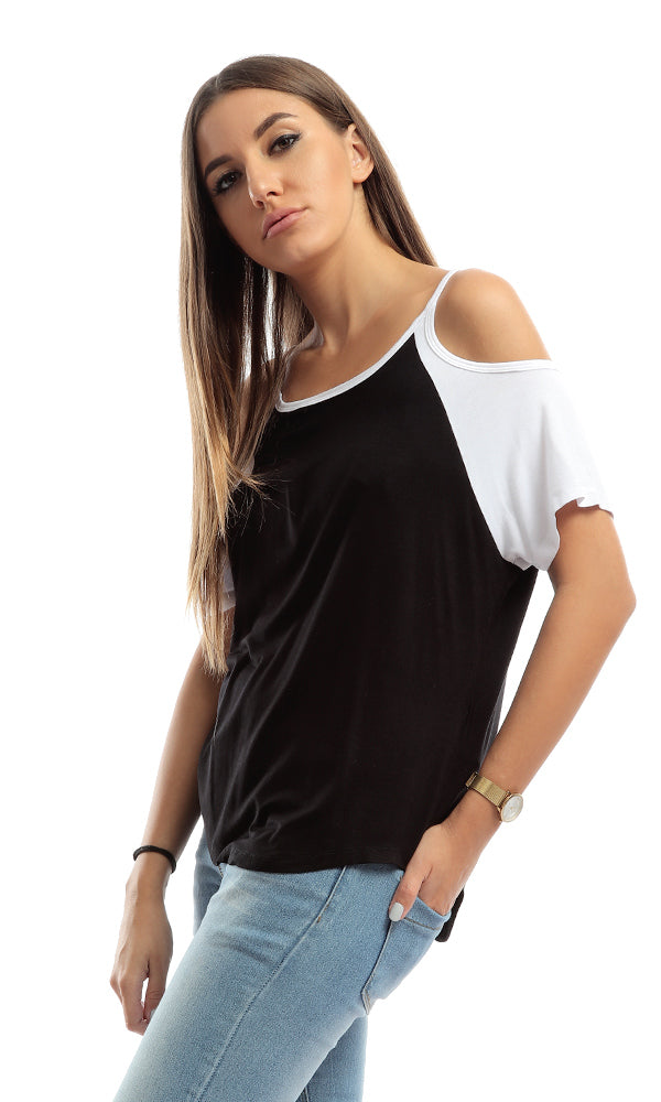 48875 Cute Black & White Cold-The-Shoulder Tee