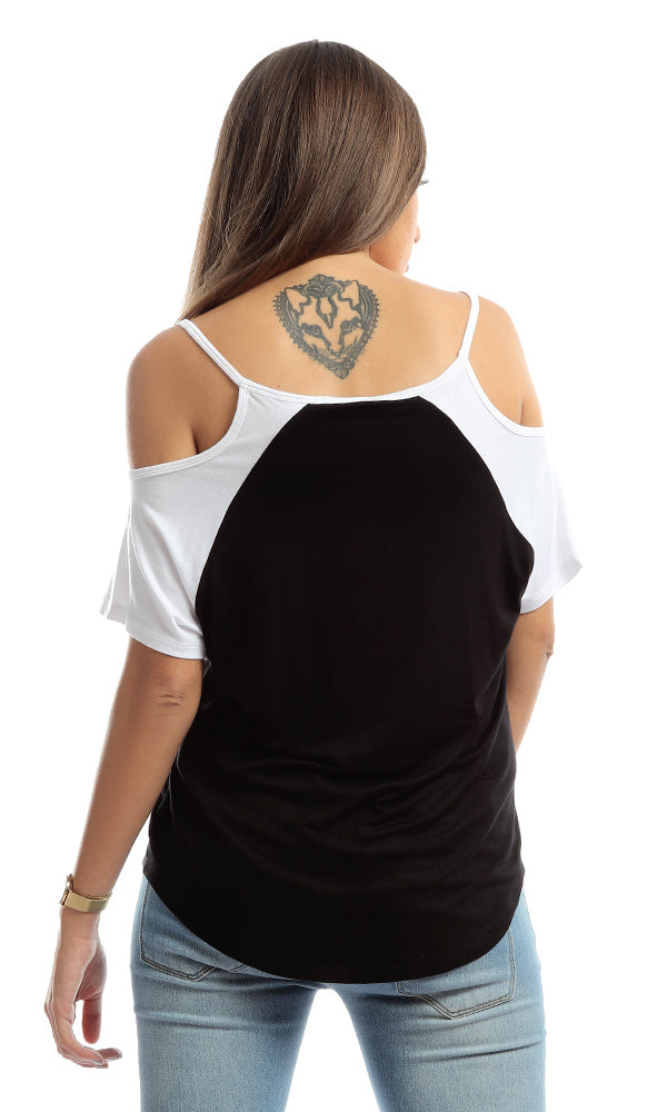 48875 Cute Black & White Cold-The-Shoulder Tee