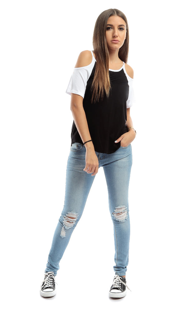 48875 Cute Black & White Cold-The-Shoulder Tee