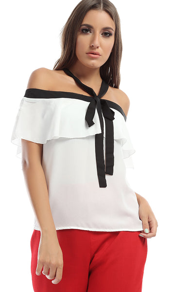 48957 Off Shoulder White Frill Bow -Tie Top