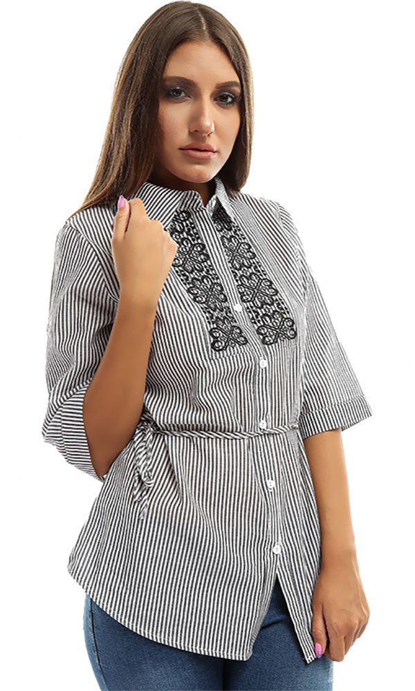 49057 Buttoned Striped Casual Shirt - Black & White