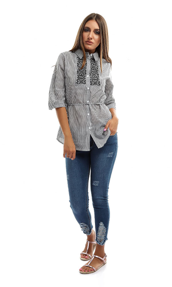 49057 Buttoned Striped Casual Shirt - Black & White