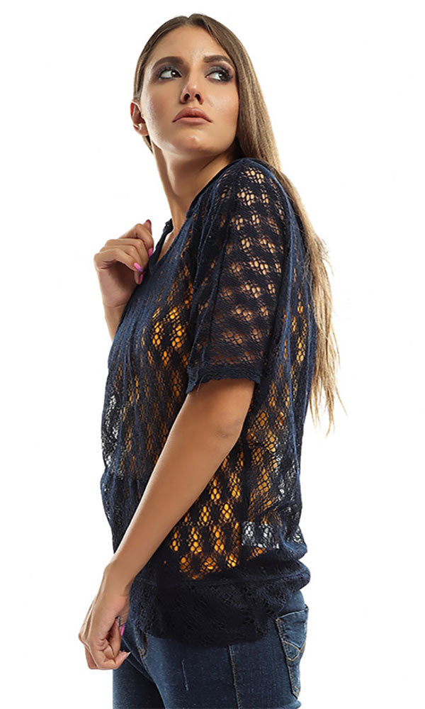 49116 Perforated Casual Women Top - Navy Blue