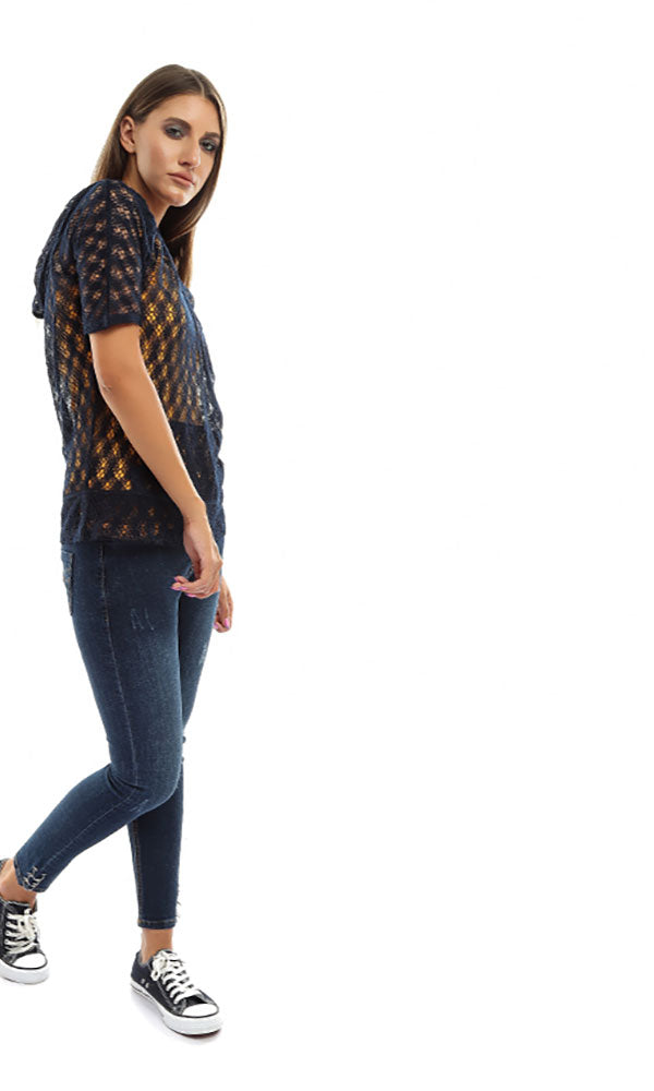 49116 Perforated Casual Women Top - Navy Blue