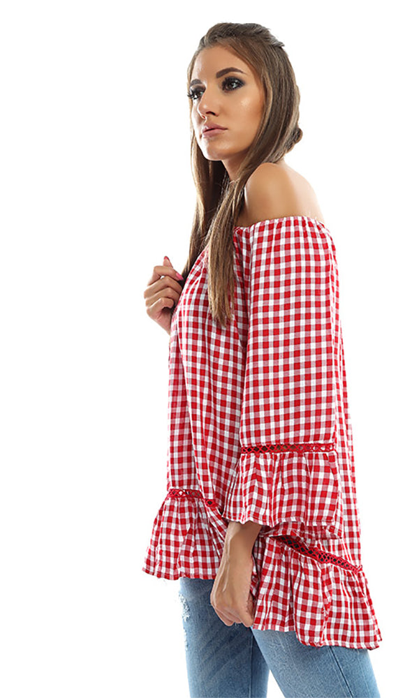 49186 Checkered Flair Sleeves Top - Red