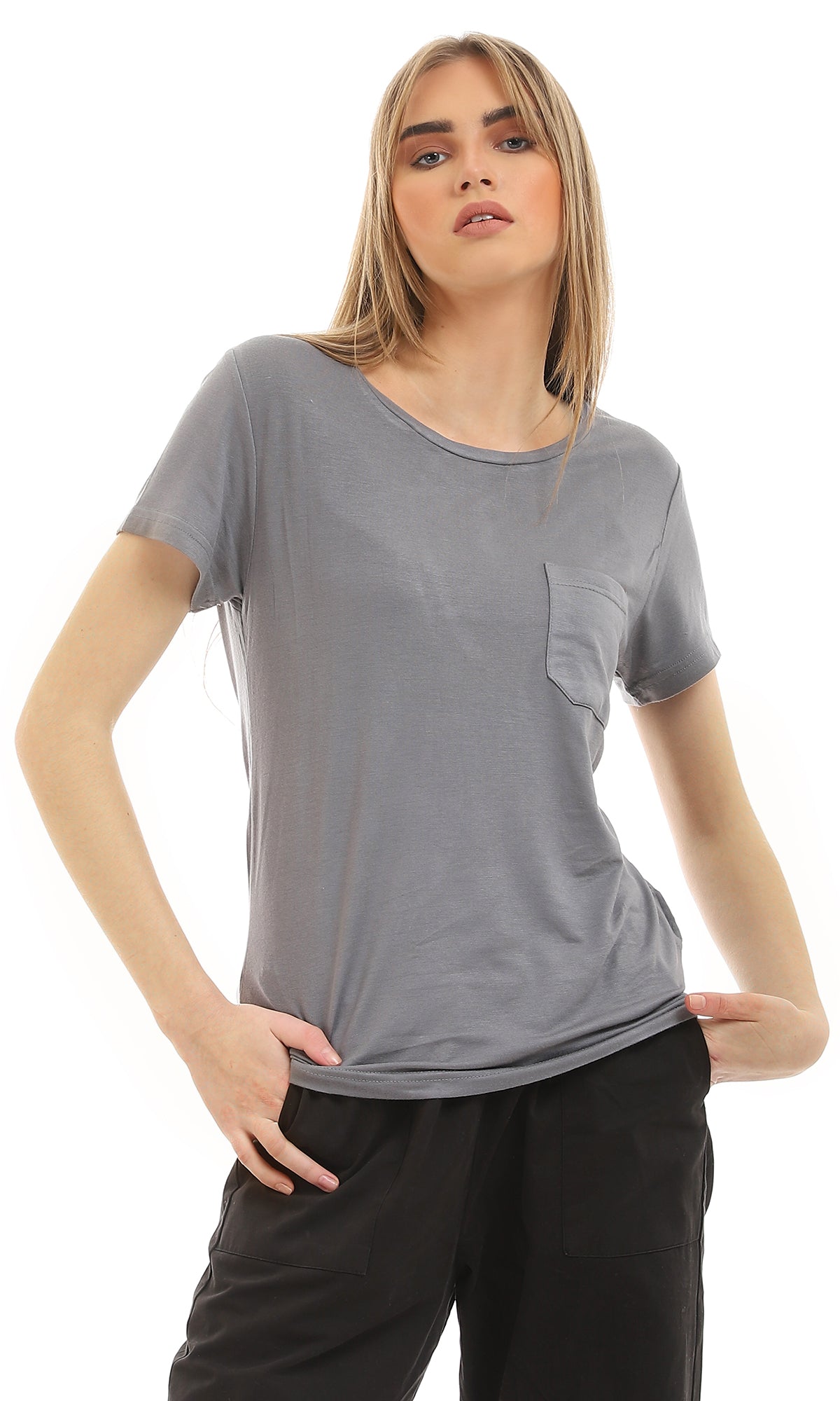 49275 Basic Round Collar Heather Dark Grey Tee