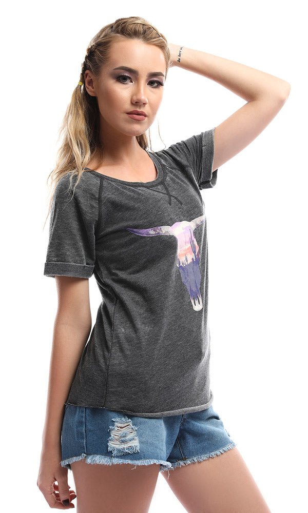 49311 Newest Printed Casual Deep Grey Top