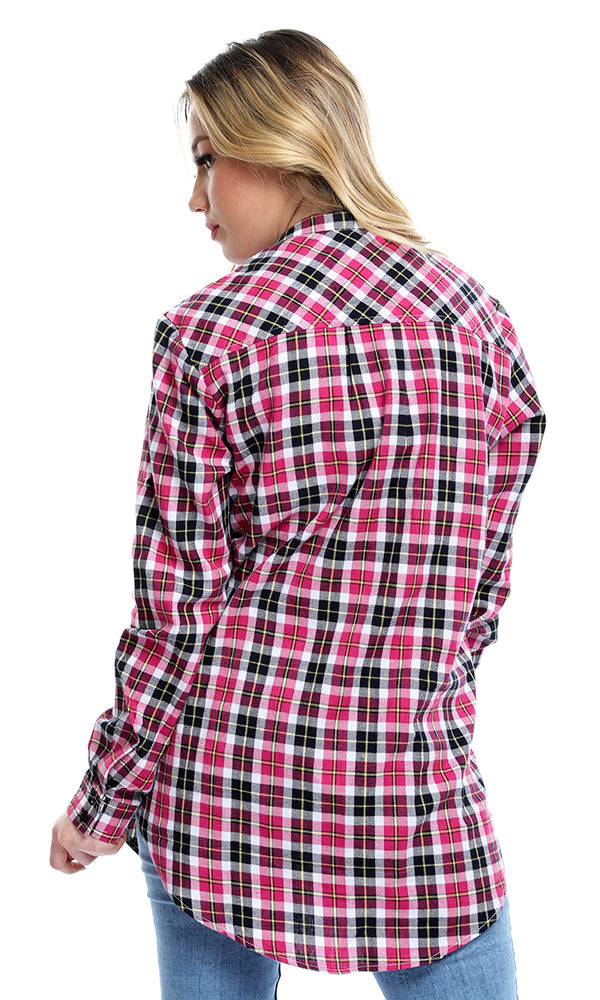 50393 V-Neck Gingham Buttoned Pocket Dark Fuchsia Shirt