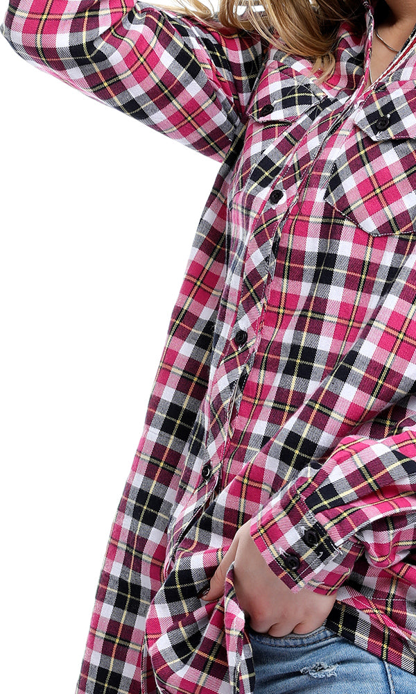 50393 V-Neck Gingham Buttoned Pocket Dark Fuchsia Shirt