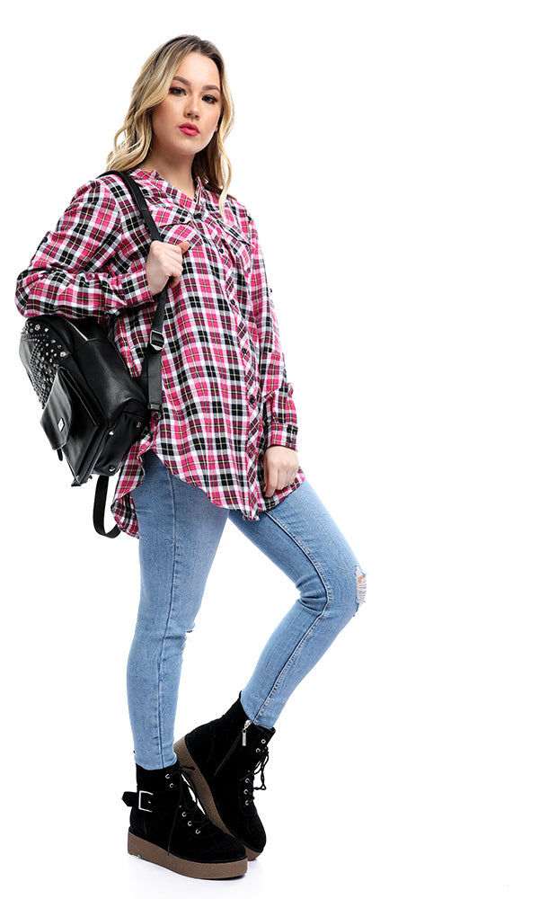 50393 V-Neck Gingham Buttoned Pocket Dark Fuchsia Shirt