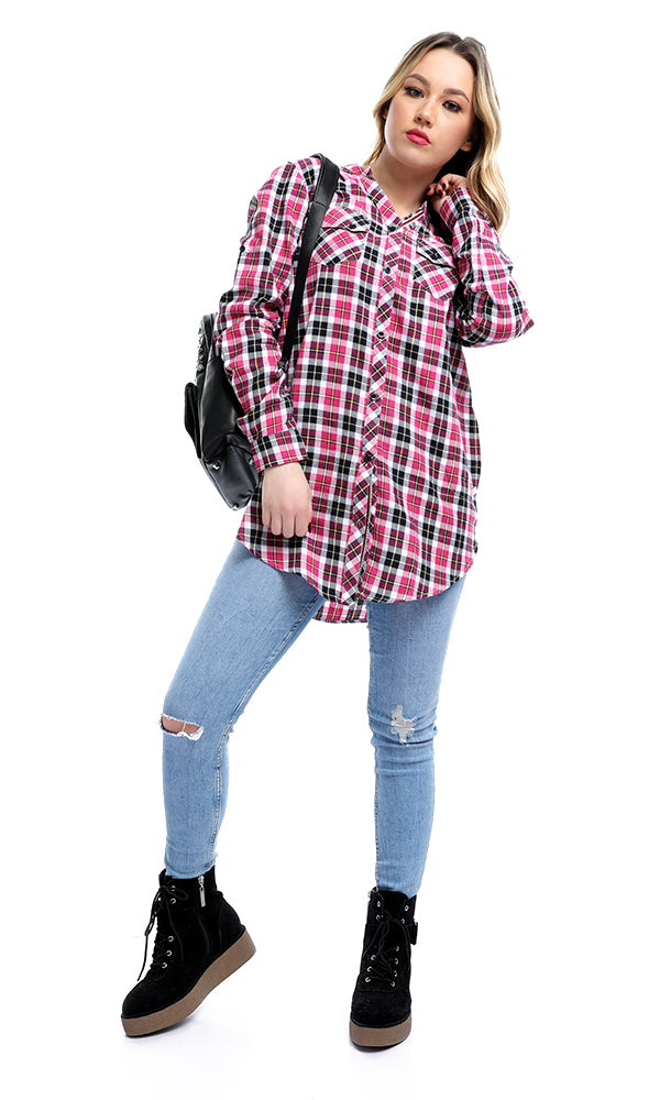 50393 V-Neck Gingham Buttoned Pocket Dark Fuchsia Shirt