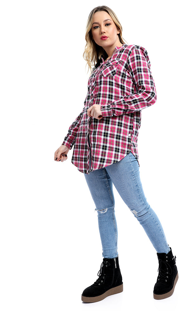 50393 V-Neck Gingham Buttoned Pocket Dark Fuchsia Shirt