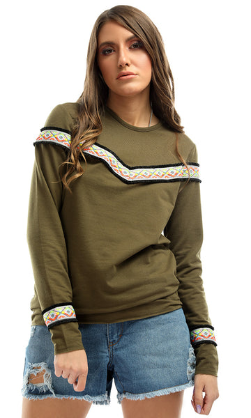 50753 Decorated Olive Tight Long SLeeves Top