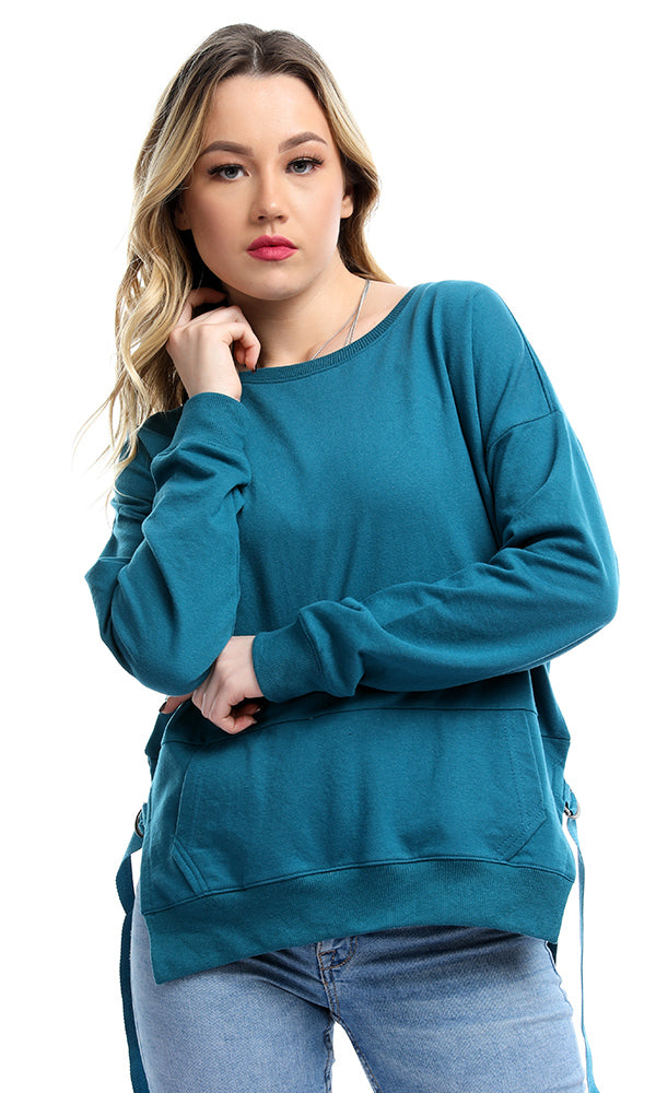 50931 Side Decorative Belt Solid Sweatshirt - Dark Turquoise