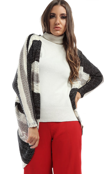 51170 Tri-Tone Casual Cardigan With Two Sides Slits - Black,Beige & Grey