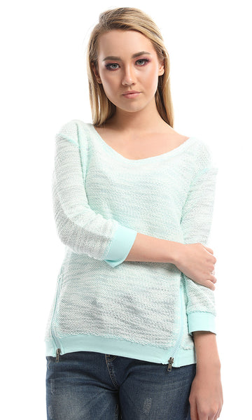 51262 Mint Green Sheer Front Zip Sweater Top