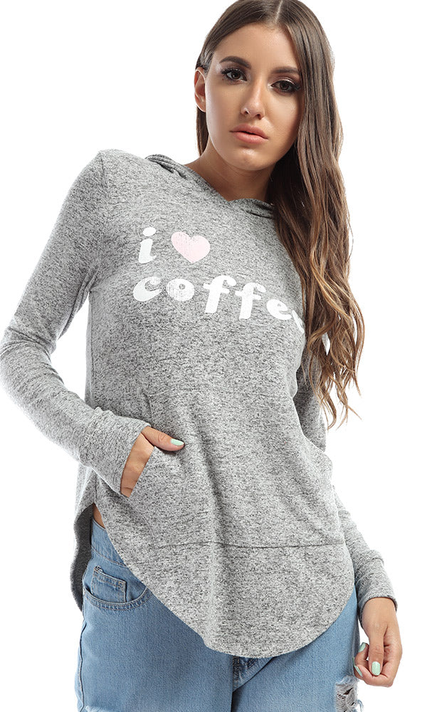 51297 ILOVE COFFE Printed Winter Casual Grey Hoodie