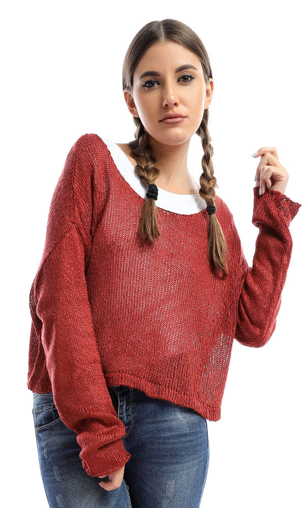 51392 Striped Cropped Long Sleeves Pullover - Brick Red