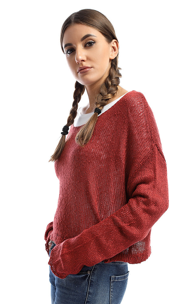 51392 Striped Cropped Long Sleeves Pullover - Brick Red