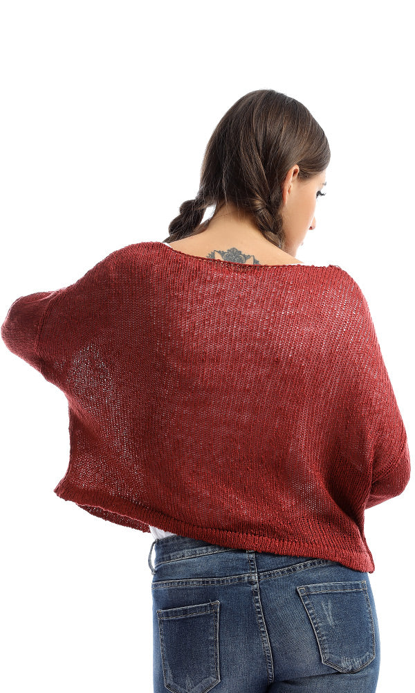 51392 Striped Cropped Long Sleeves Pullover - Brick Red