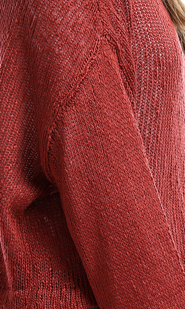 51392 Striped Cropped Long Sleeves Pullover - Brick Red