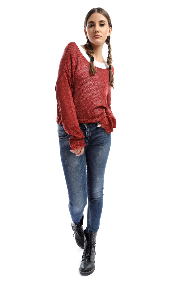 51392 Striped Cropped Long Sleeves Pullover - Brick Red