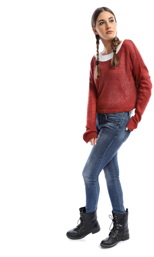 51392 Striped Cropped Long Sleeves Pullover - Brick Red