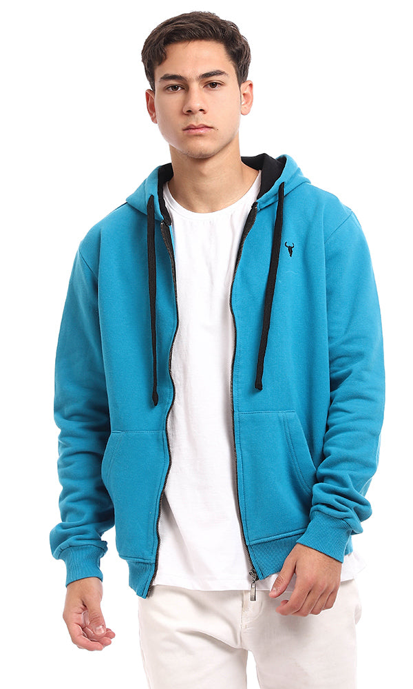 51600 Casual Zipper Cotton Hooded Sweatshirt - Turquoise