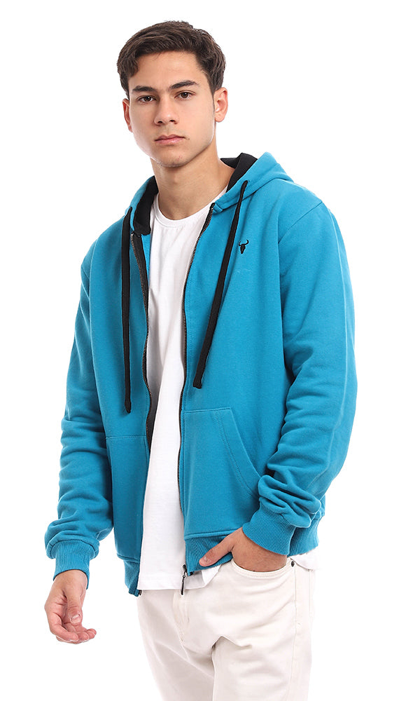 51600 Casual Zipper Cotton Hooded Sweatshirt - Turquoise