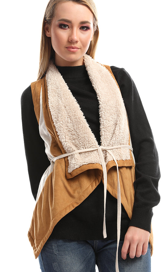 51630 Fur Collar Color Block Havan & Beige Vest