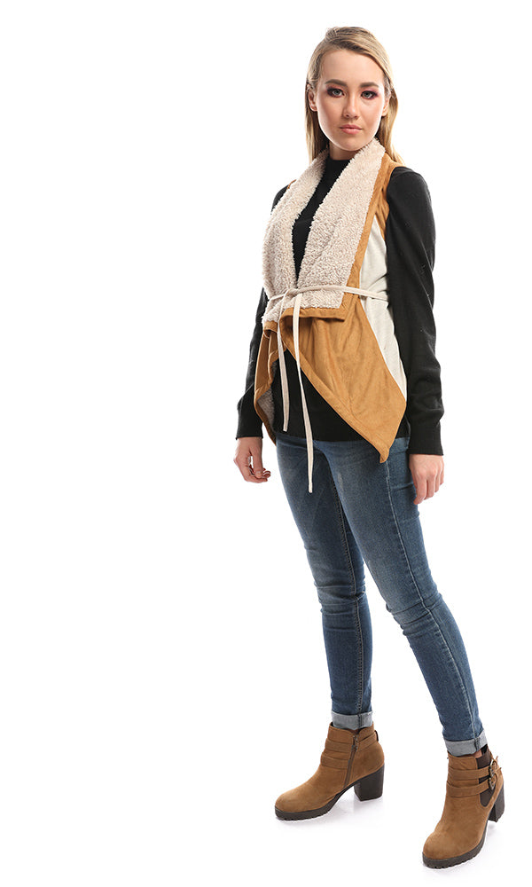 51630 Fur Collar Color Block Havan & Beige Vest