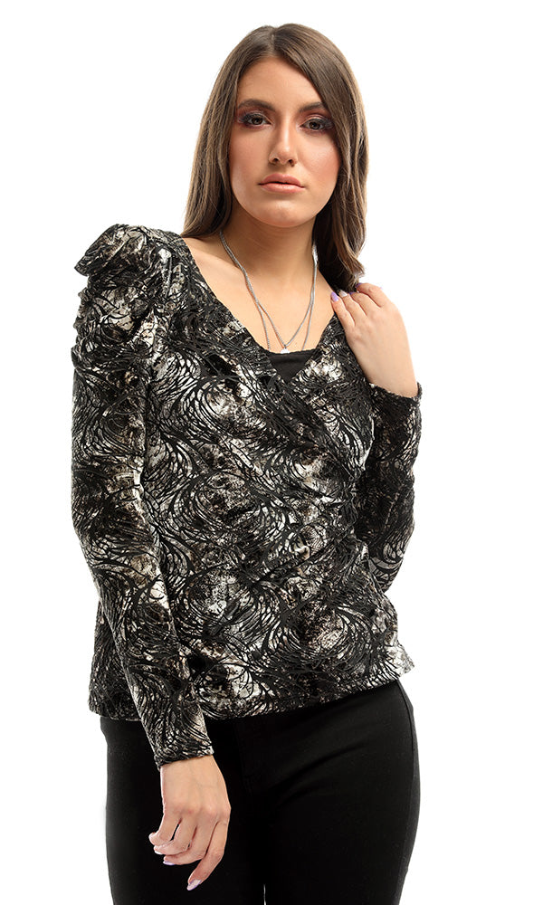 51632 Drape Velvet Patterned Unique Blouse - Black & Gold
