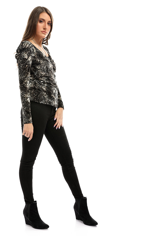 51632 Drape Velvet Patterned Unique Blouse - Black & Gold