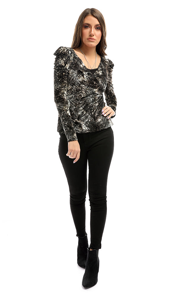 51632 Drape Velvet Patterned Unique Blouse - Black & Gold