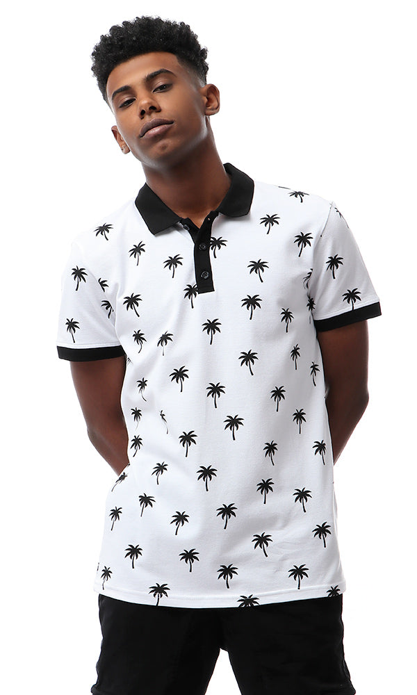 53113 Palms Turn Down Collar Polo Shirt - White & Black