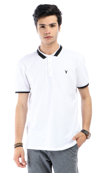 53115 Lined Collar & Sleeves Buttoned White Polo Shirt