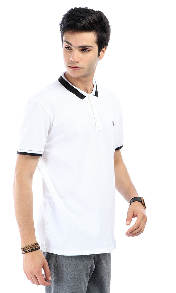 53115 Lined Collar & Sleeves Buttoned White Polo Shirt