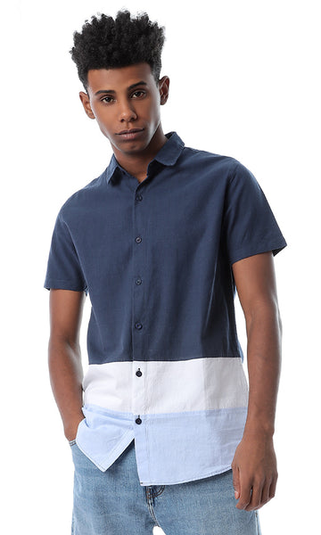 53168 Navy Blue Tri-Tone Solid Short Sleeves Shirt