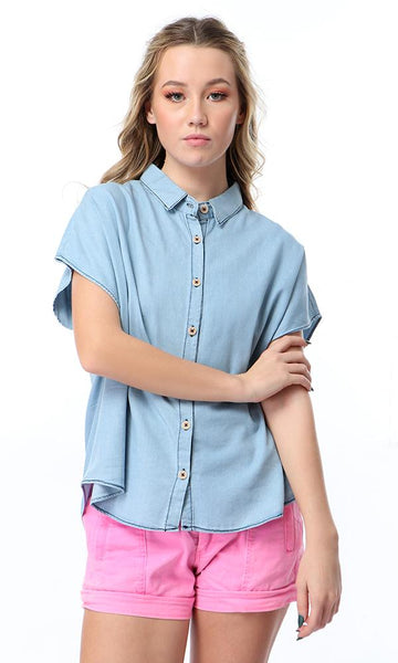 53282 Hi-Low Short Sleeves Denim Shirt - Light Blue - Ravin 