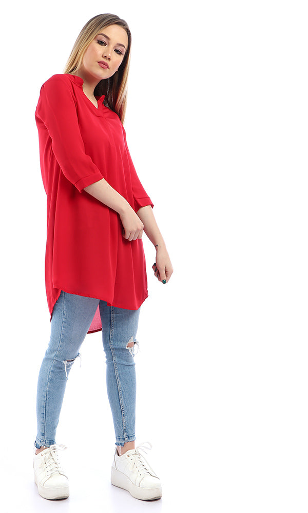 53329 3/4 Sleeves V-Neck Slip On Red Chiffon Tunic Top