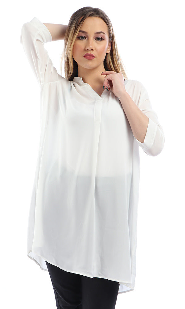 53330 Chiffon Slip On White Tunic Top With V-Neck