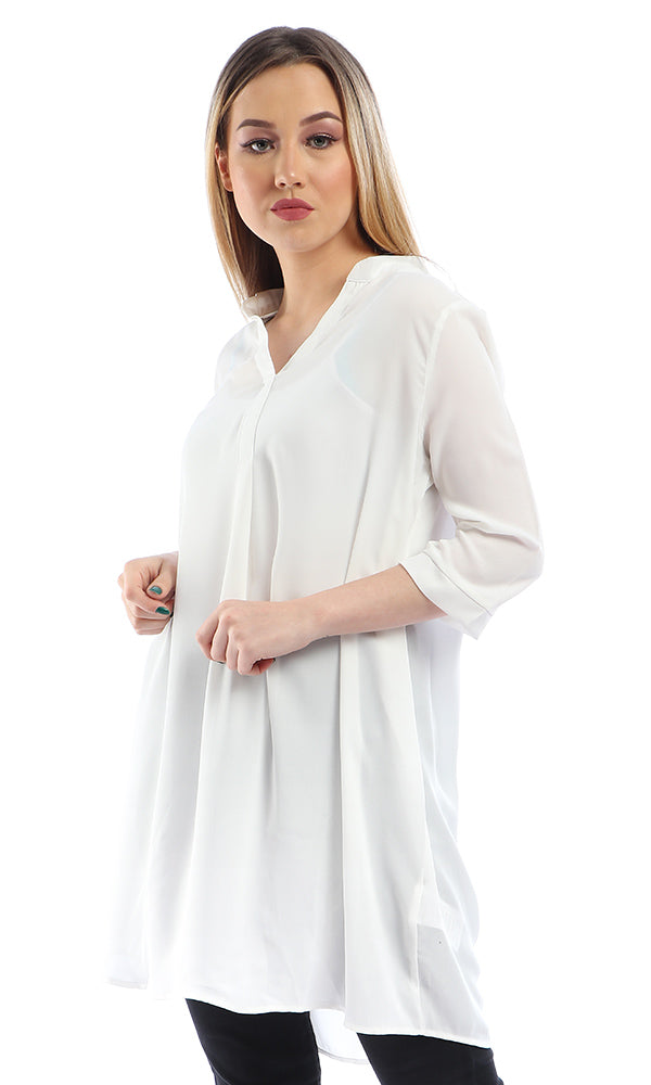 53330 Chiffon Slip On White Tunic Top With V-Neck