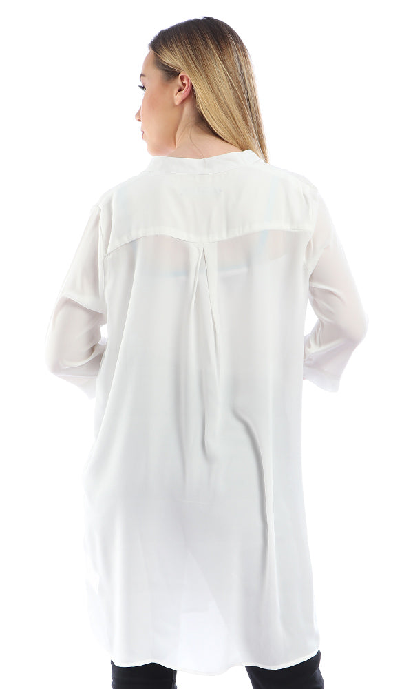 53330 Chiffon Slip On White Tunic Top With V-Neck