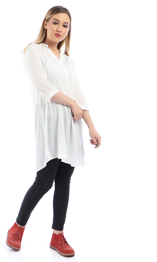 53330 Chiffon Slip On White Tunic Top With V-Neck