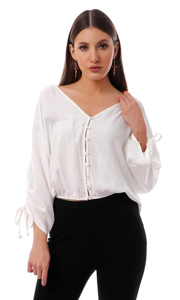 53337 Loose Deep V-Neck Off-White Buttoned Shirt - Ravin 