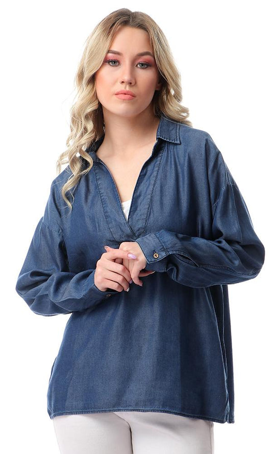 53344 Loose Fit Solid Comfy Top - Dark Blue Jeans - Ravin 