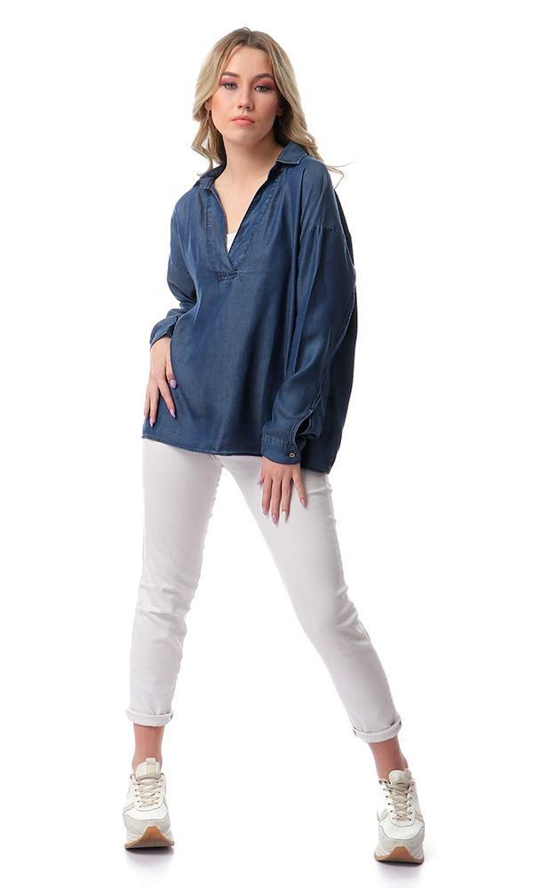 53344 Loose Fit Solid Comfy Top - Dark Blue Jeans - Ravin 