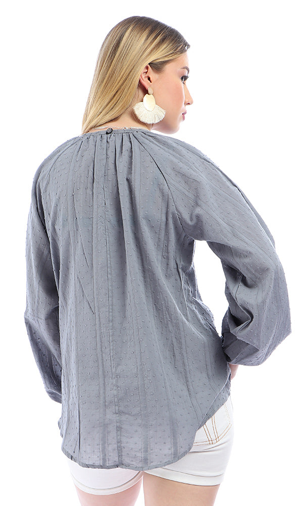 53351 Loose Fit With Open Neck Grey Long Sleeves Top