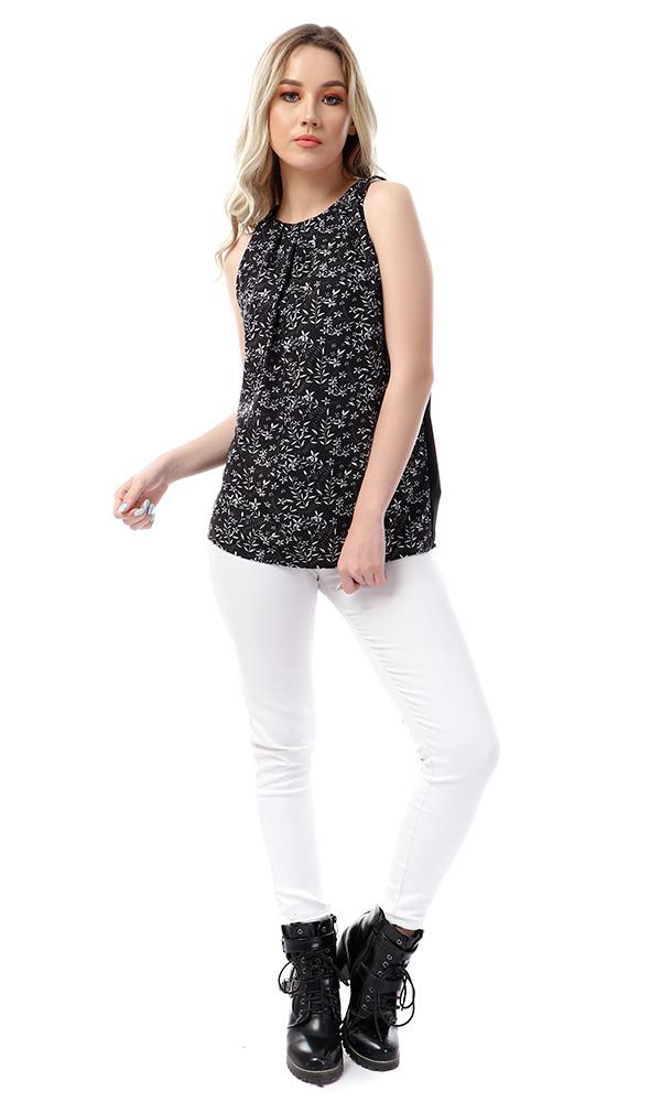 53353 Floral Sleeveless Round Collar Top - Black - Ravin 