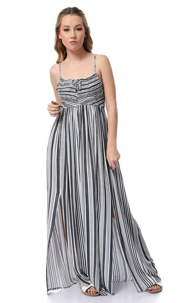 53376 Lace Up Sleeves Striped Black & White Maxi Dress - Ravin 